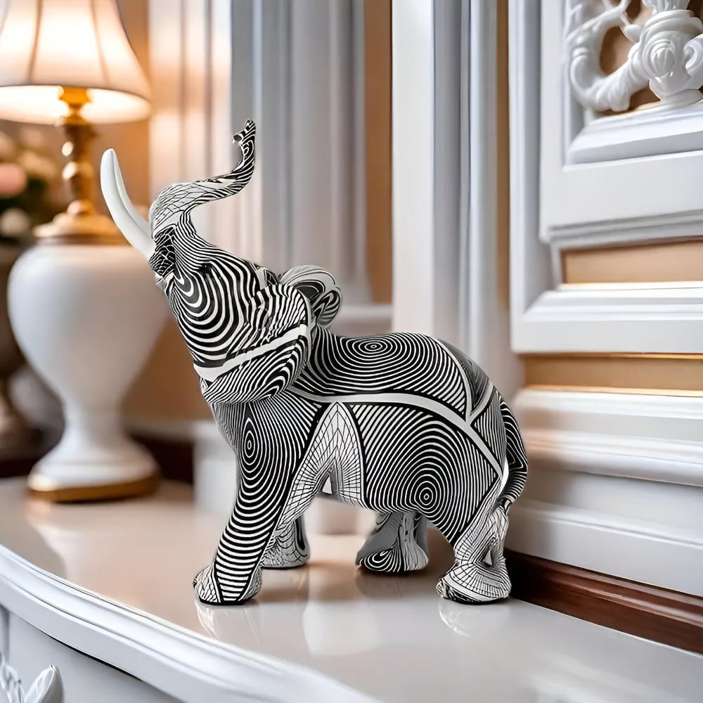 Statuette décorative éléphant noir et blanc en résine