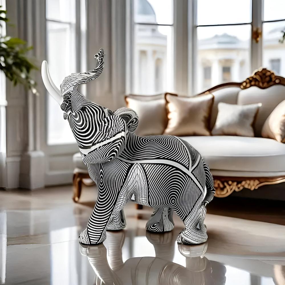 Statuette décorative éléphant noir et blanc en résine