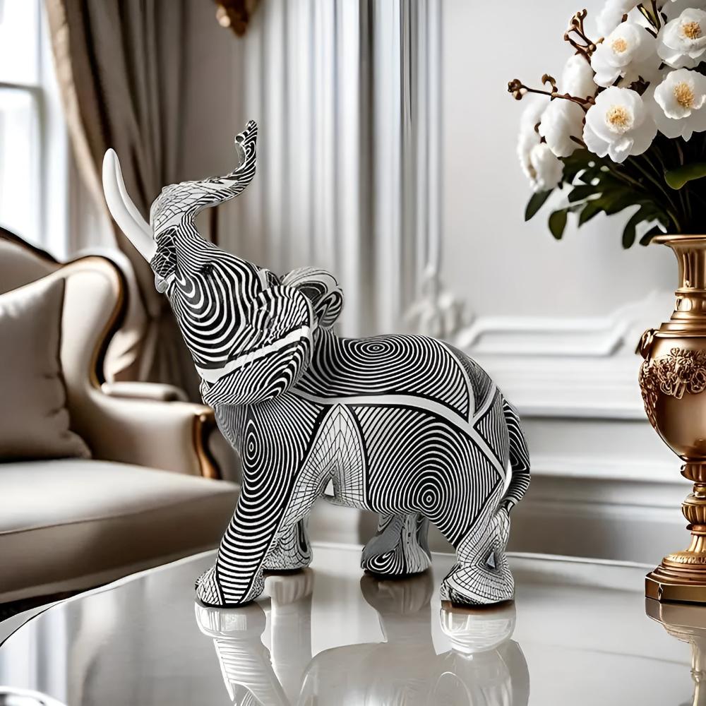 Statuette décorative éléphant noir et blanc en résine