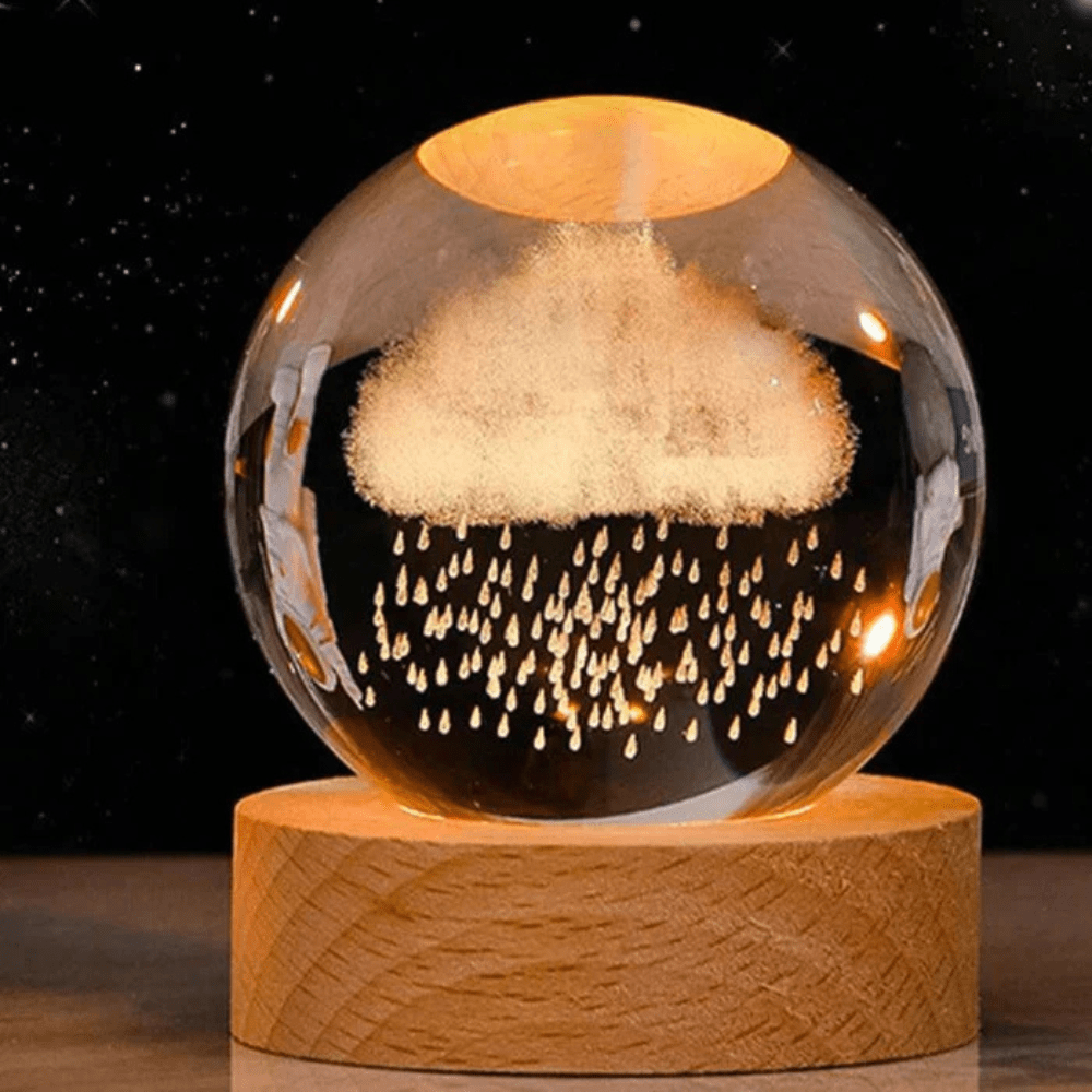 Virelle Maison - Boule lumineuse gravée en verre sur socle en bois | Virelle Maison