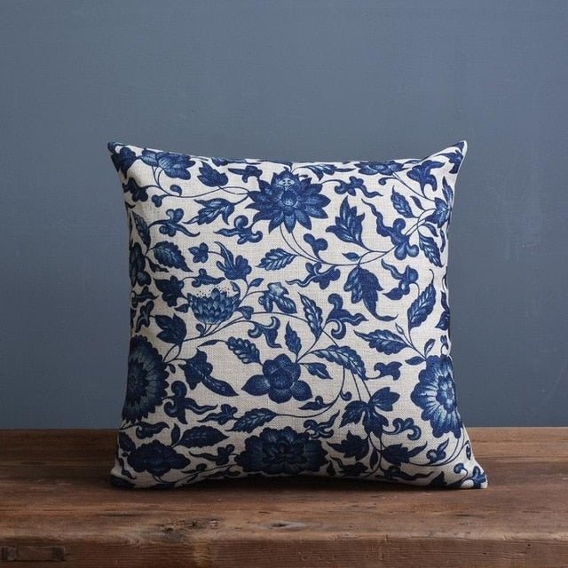 Virelle Maison - Housse de coussin en coton - lin à motif porcelaine bleue | Virelle Maison