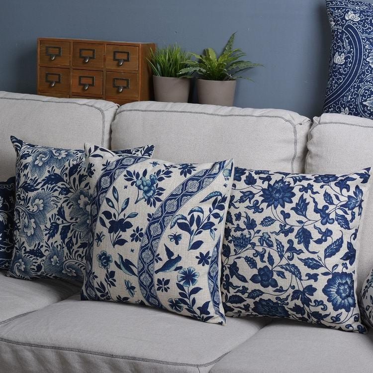 Virelle Maison - Housse de coussin en coton - lin à motif porcelaine bleue | Virelle Maison