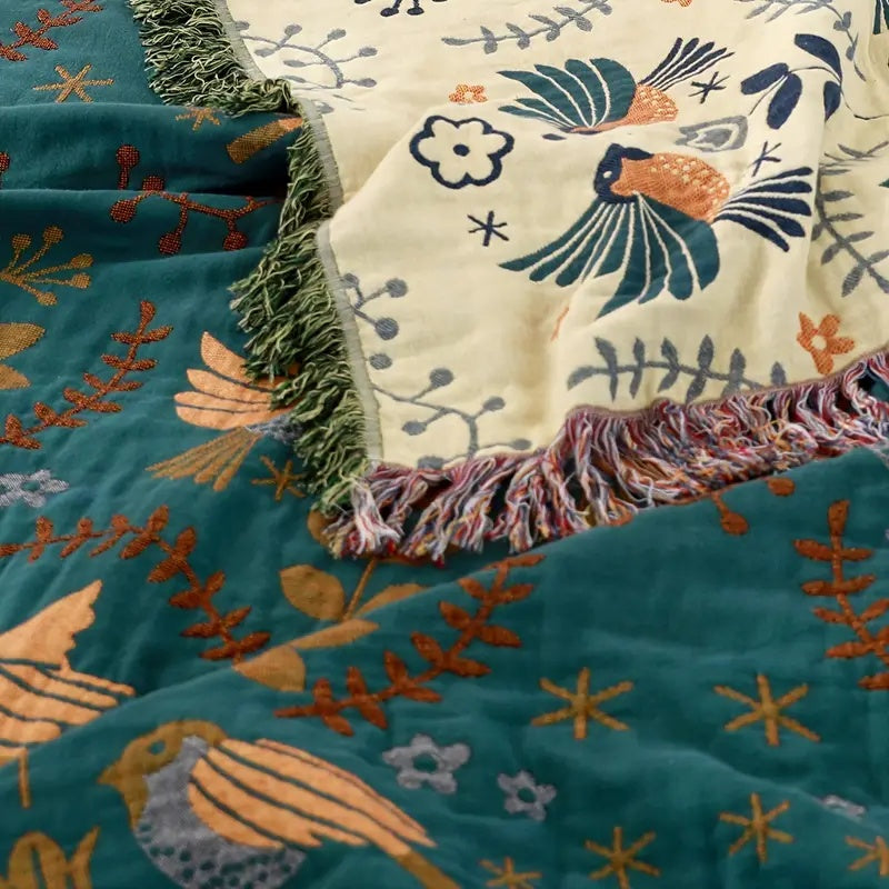 Plaid décoratif réversible en coton à motif oiseaux | Virelle Maison