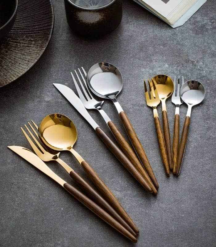Virelle Maison - Ménagère en acier inoxydable brossé – Détails bois naturel | Virelle Maison