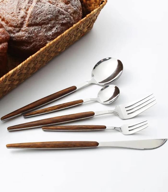 Virelle Maison - Ménagère en acier inoxydable brossé – Détails bois naturel | Virelle Maison