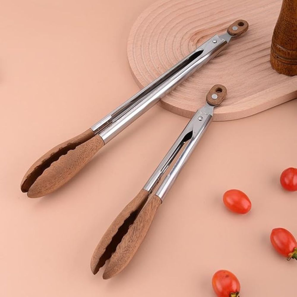 Virelle Maison - Pinces de cuisine en acier inox et bois texturé, lot de 2 | Virelle Maison