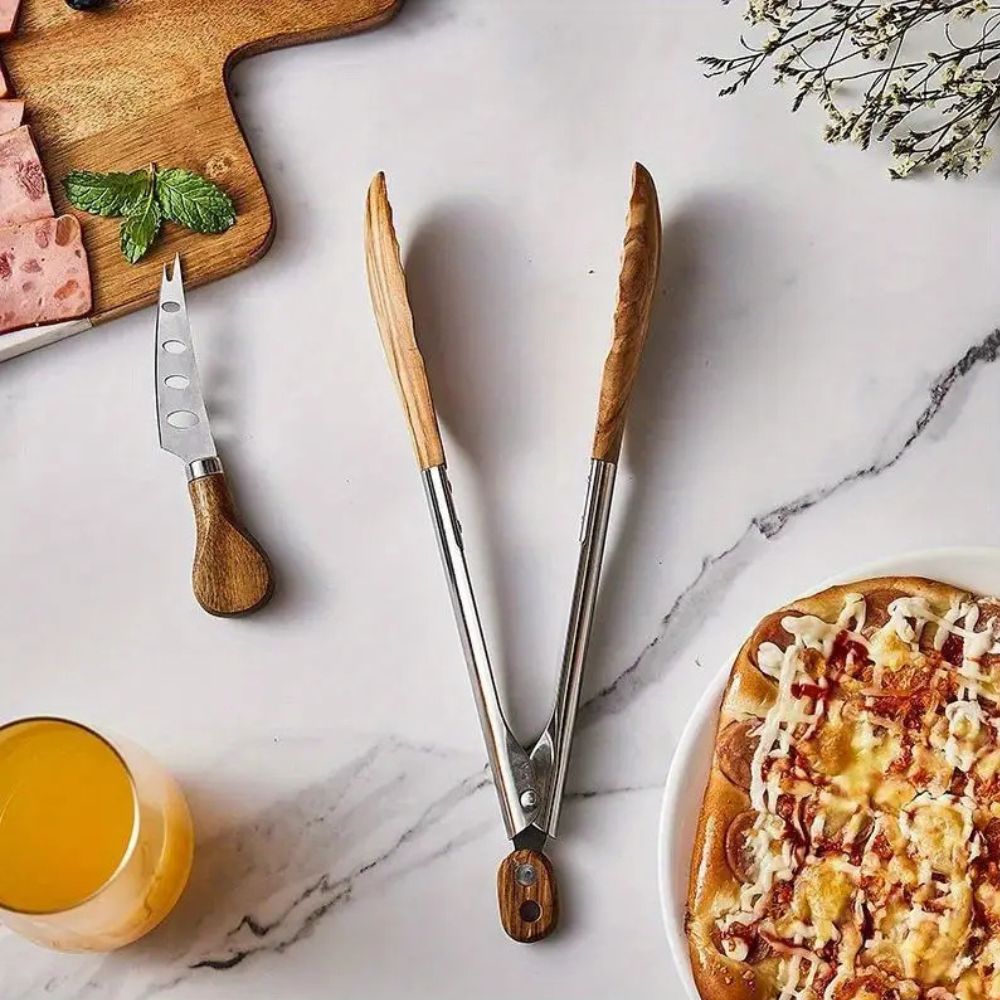 Virelle Maison - Pinces de cuisine en acier inox et bois texturé, lot de 2 | Virelle Maison