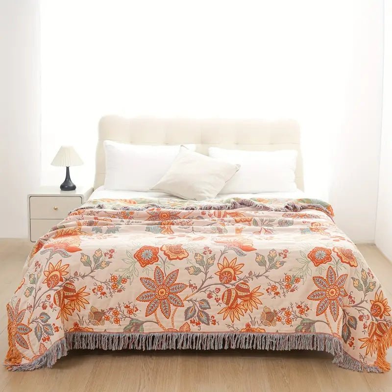 Virelle Maison - Plaid bohème en coton à motif floral tissé | Virelle Maison