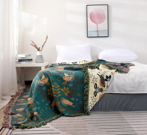 Virelle Maison - Plaid décoratif en coton gaufré à motifs floraux et oiseaux | Virelle Maison