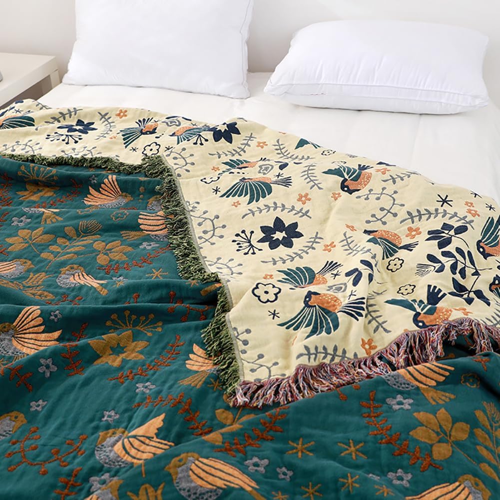 Virelle Maison - Plaid décoratif en coton gaufré à motifs floraux et oiseaux | Virelle Maison