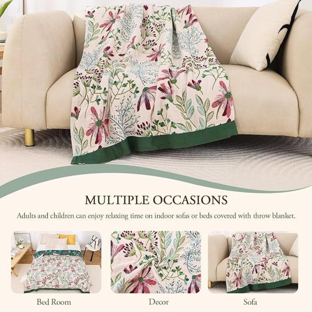 Virelle Maison - Plaid en coton bio gaufré à motif floral doux à quatre couches