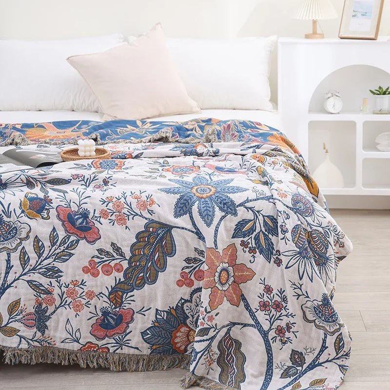 Virelle Maison - Plaid réversible en coton jacquard à motif floral tissé | Virelle Maison