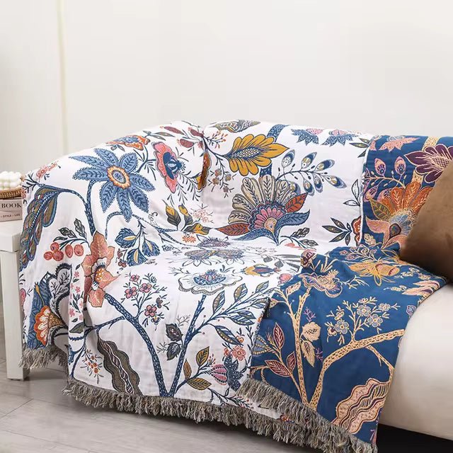 Virelle Maison - Plaid réversible en coton jacquard à motif floral tissé | Virelle Maison