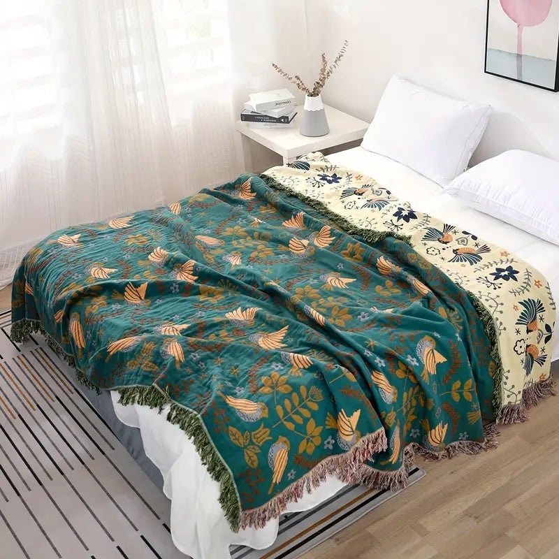 Virelle Maison - Plaid réversible en coton tissé à motif oiseaux scandinaves | Virelle Maison