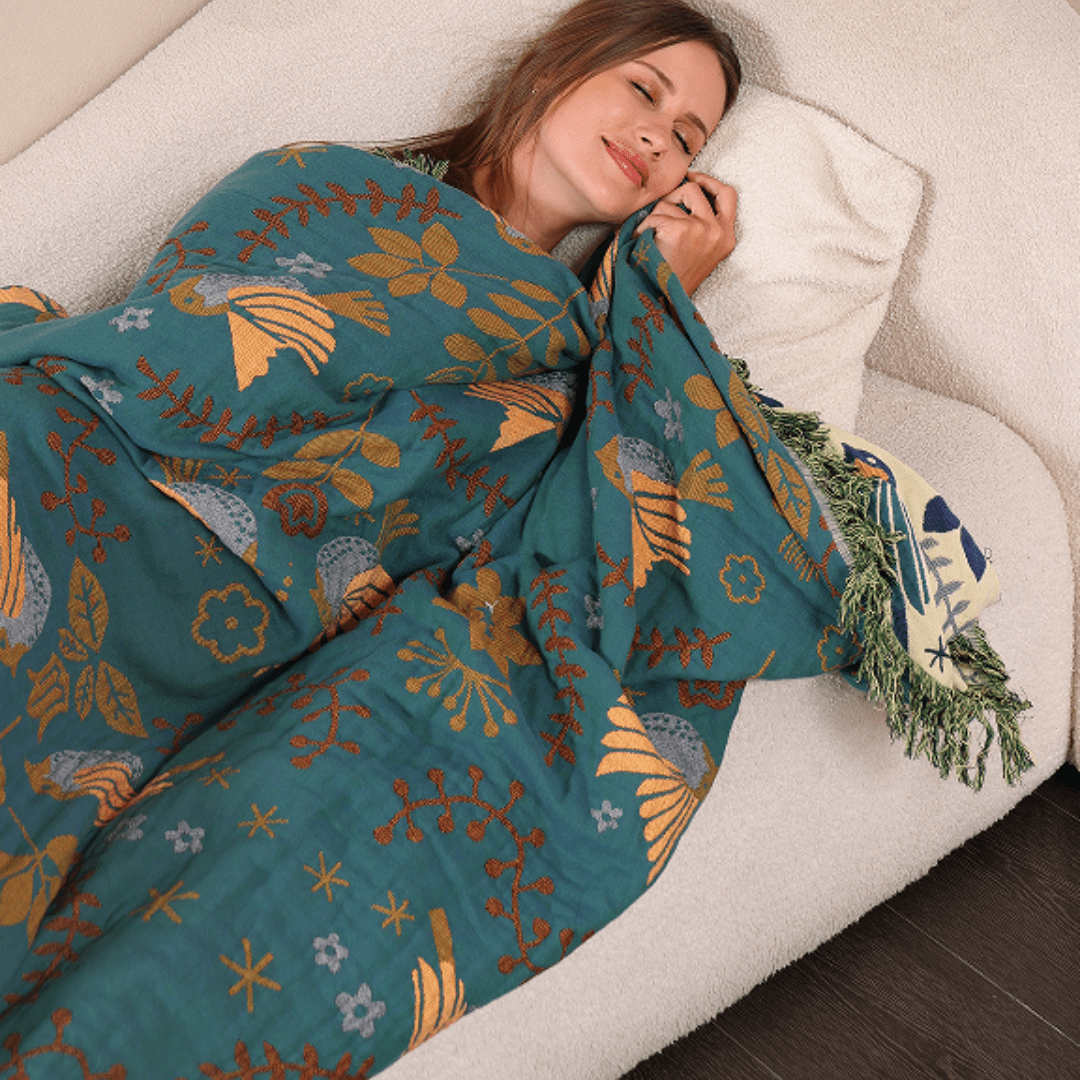 Virelle Maison - Plaid réversible en coton tissé à motif oiseaux scandinaves | Virelle Maison