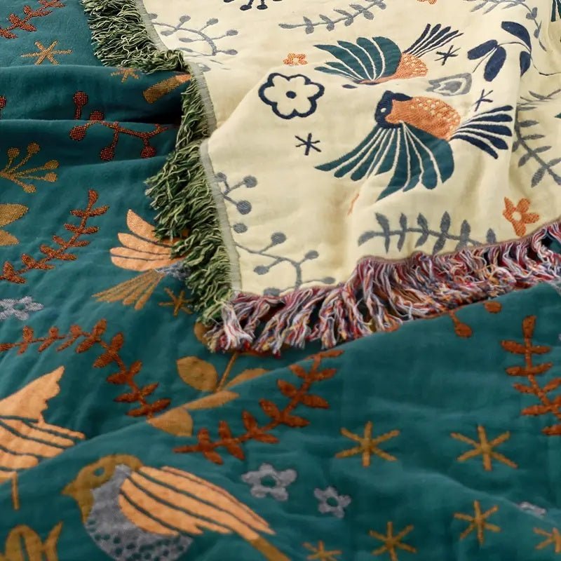 Virelle Maison - Plaid réversible en coton tissé à motif oiseaux scandinaves | Virelle Maison