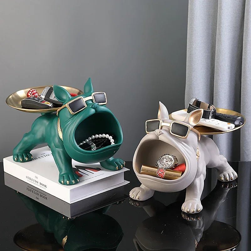 Virelle Maison - Statue décorative en résine chien bulldog avec plateau de rangement