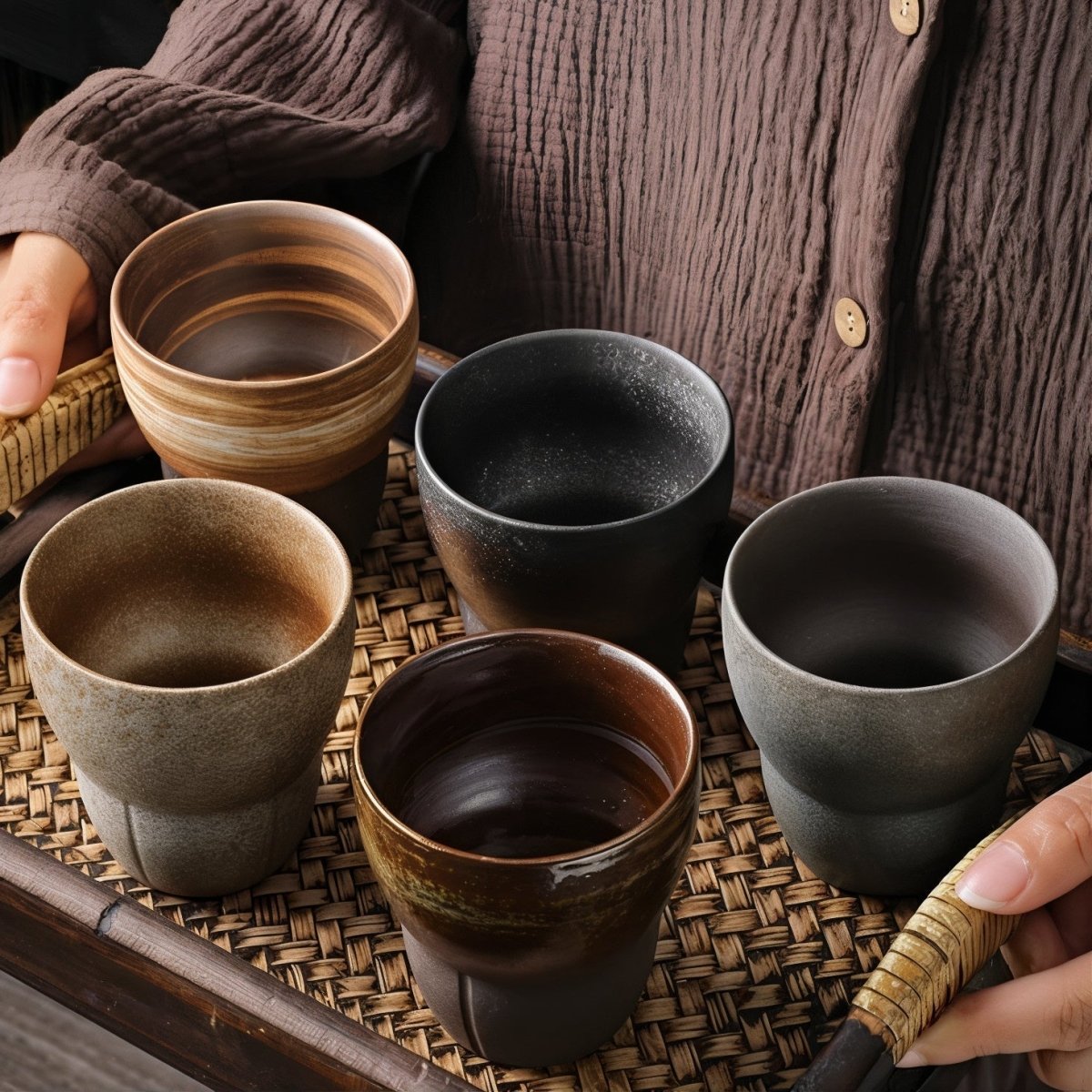 Virelle Maison - Tasses à café obliques en céramique avec poignée en bois | Virelle Maison