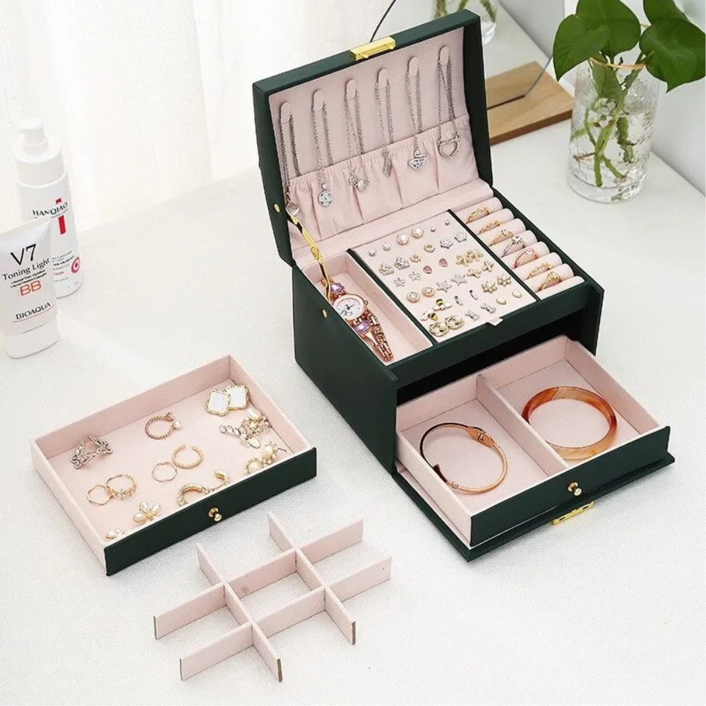 Boîte à bijoux à trois tiroirs en similicuir texturé | Virelle Maison