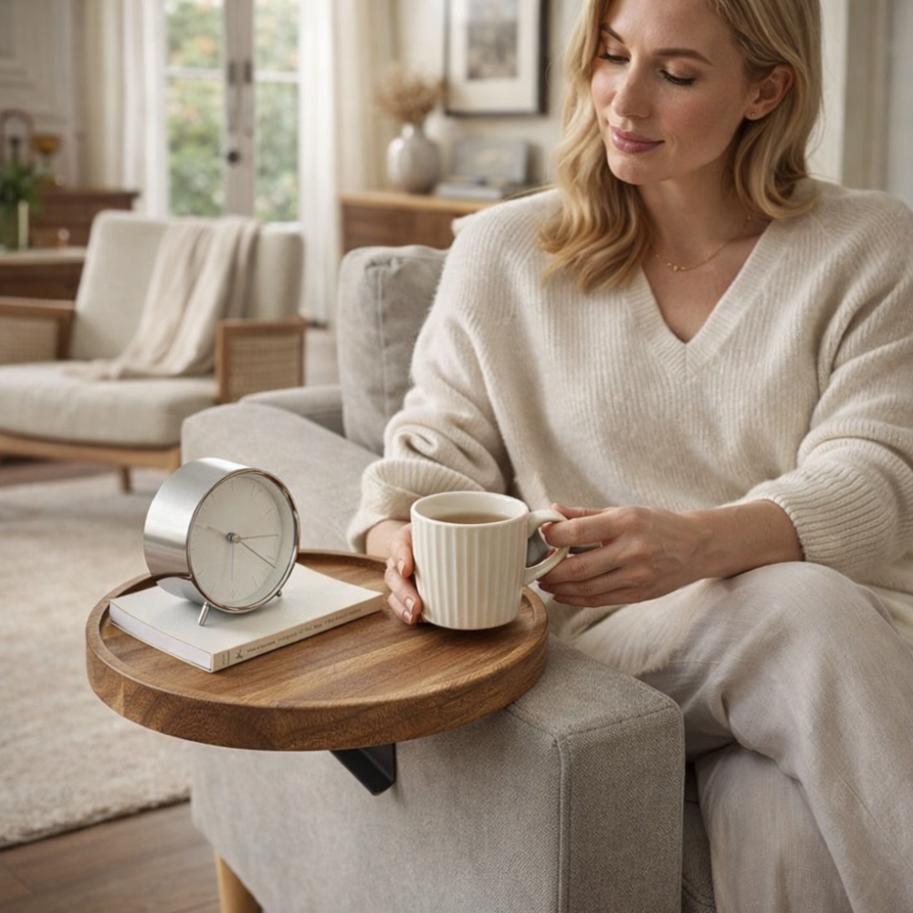 Dark wood armrest shelf with clip attachment | Virelle Maison