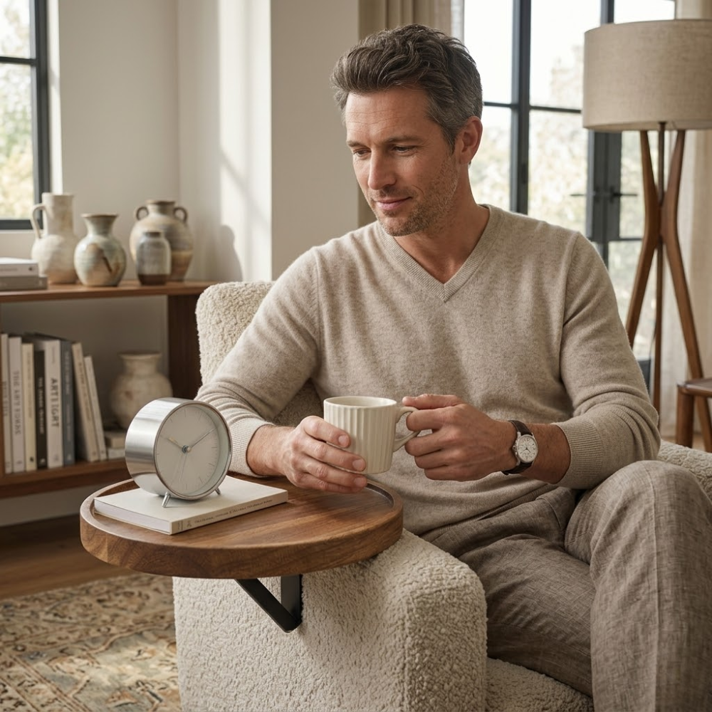 Dark wood armrest shelf with clip attachment | Virelle Maison