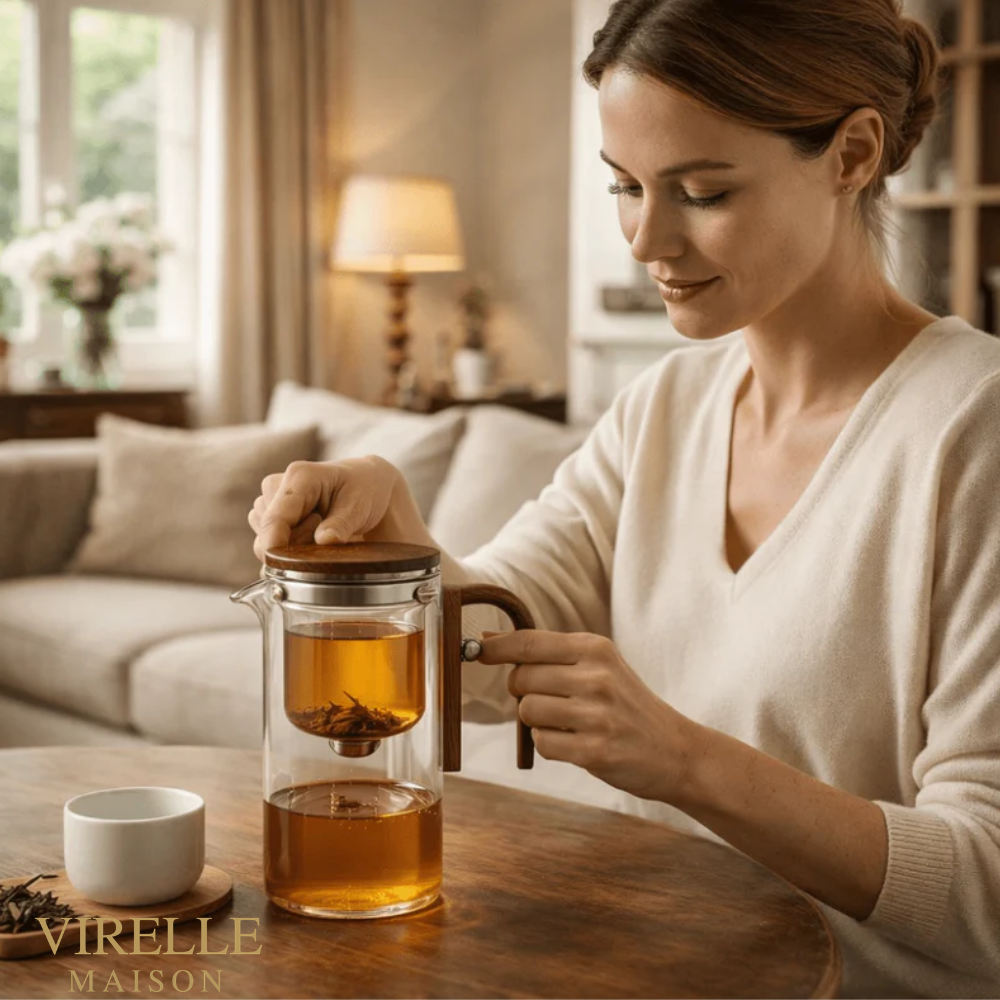Tetera de vidrio de borosilicato – Infusor de acero y mango de madera | Virelle Maison