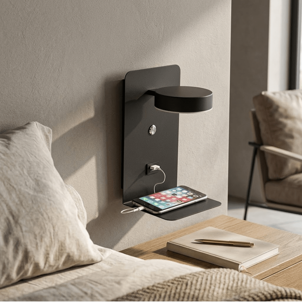 Virelle Maison - Applique murale LED en aluminium avec étagère et port USB | Virelle Maison