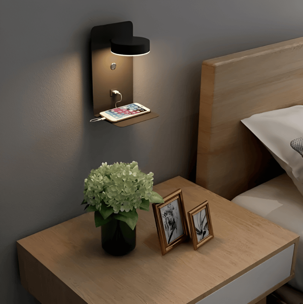 Virelle Maison - Applique murale LED en aluminium avec étagère et port USB | Virelle Maison