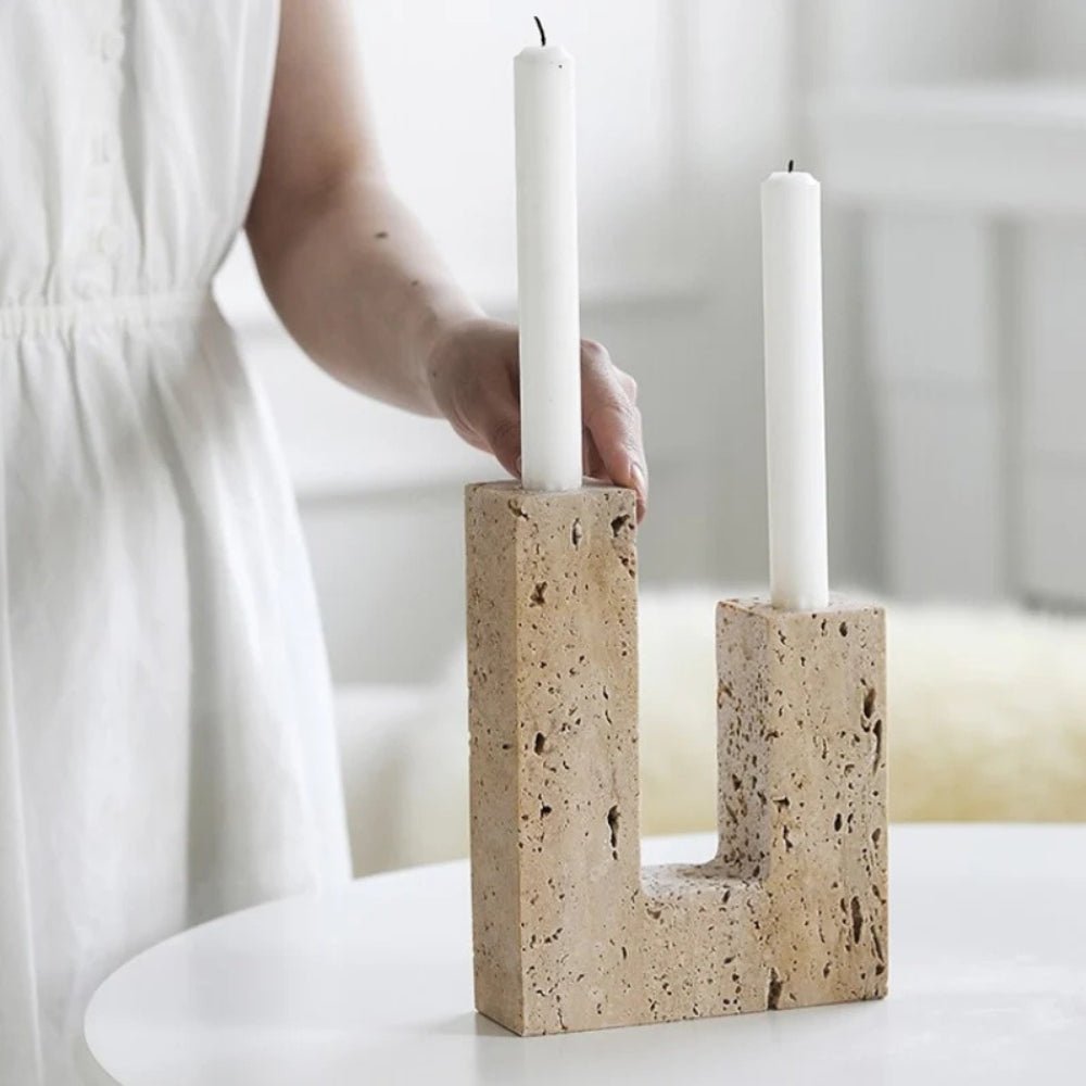 Virelle Maison - Bougeoir sculptural en travertin pour deux bougies | Virelle Maison