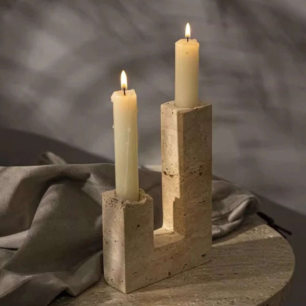 Virelle Maison - Bougeoir sculptural en travertin pour deux bougies | Virelle Maison