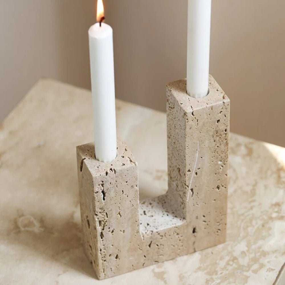 Virelle Maison - Bougeoir sculptural en travertin pour deux bougies | Virelle Maison