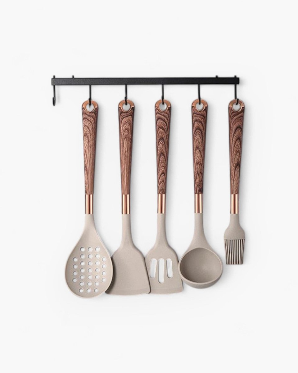 Virelle Maison - Ensemble d’ustensiles 11 pièces silicone bois et or | Virelle Maison