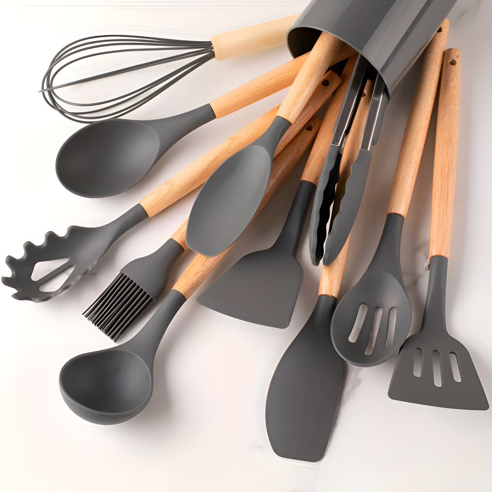 Virelle Maison - Ensemble ustensiles cuisine 12 pièces en silicone et bambou | Virelle Maison