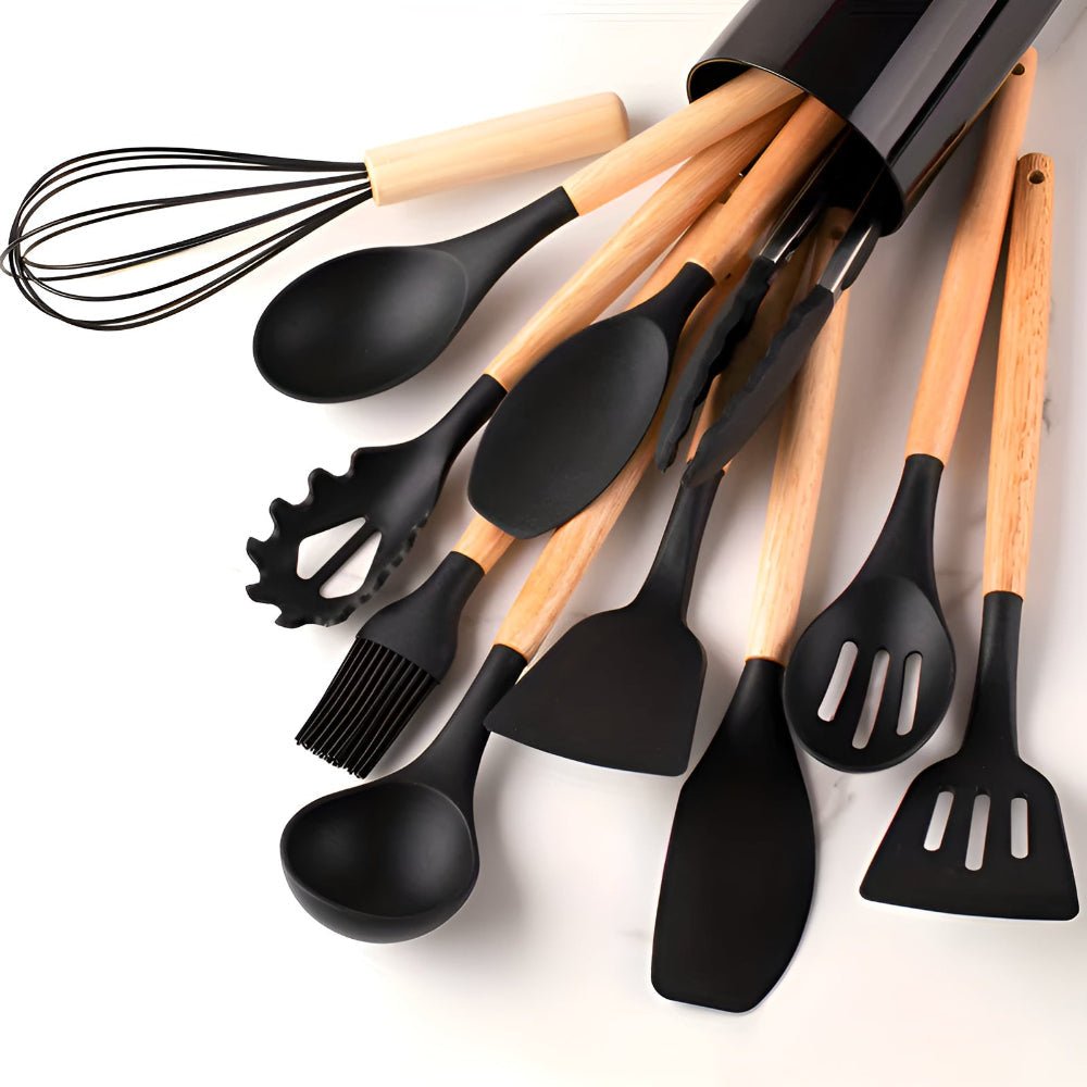 Virelle Maison - Ensemble ustensiles cuisine 12 pièces en silicone et bambou | Virelle Maison