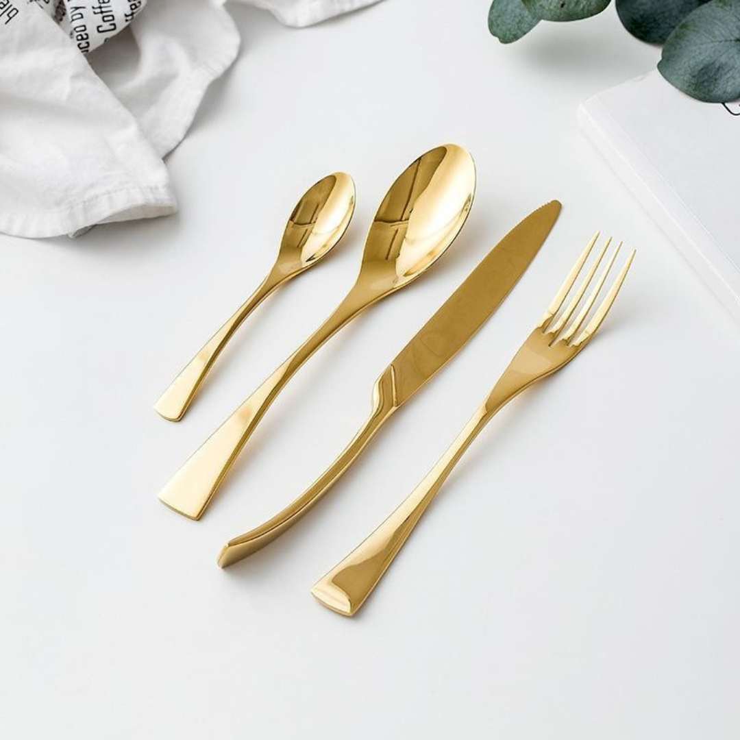 Virelle Maison - Ménagère dorée en acier inoxydable – Finition miroir brillante | Virelle Maison