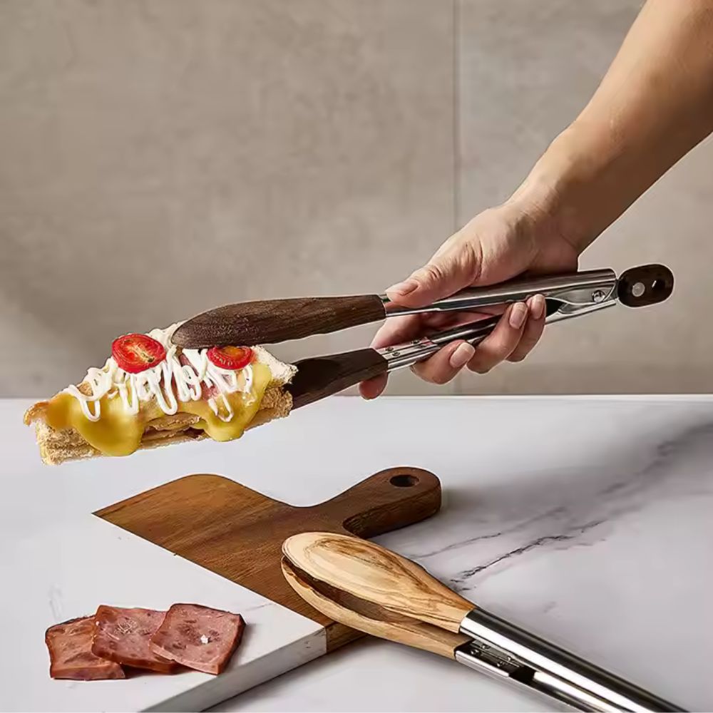 Virelle Maison - Pinces de cuisine en acier inox et bois texturé, lot de 2 | Virelle Maison
