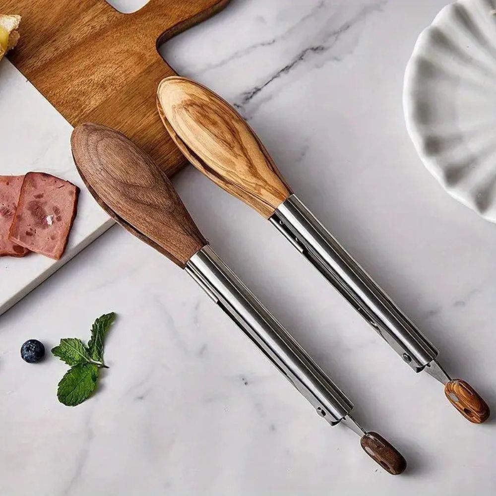 Virelle Maison - Pinces de cuisine en acier inox et bois texturé, lot de 2 | Virelle Maison
