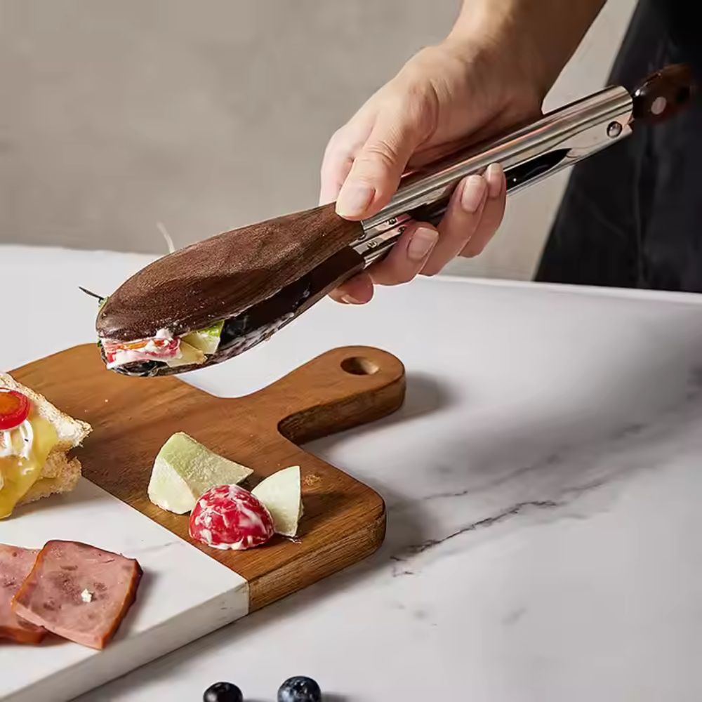 Virelle Maison - Pinces de cuisine en acier inox et bois texturé, lot de 2 | Virelle Maison