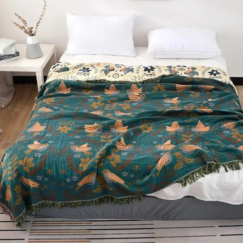 Virelle Maison - Plaid décoratif en coton gaufré à motifs floraux et oiseaux | Virelle Maison