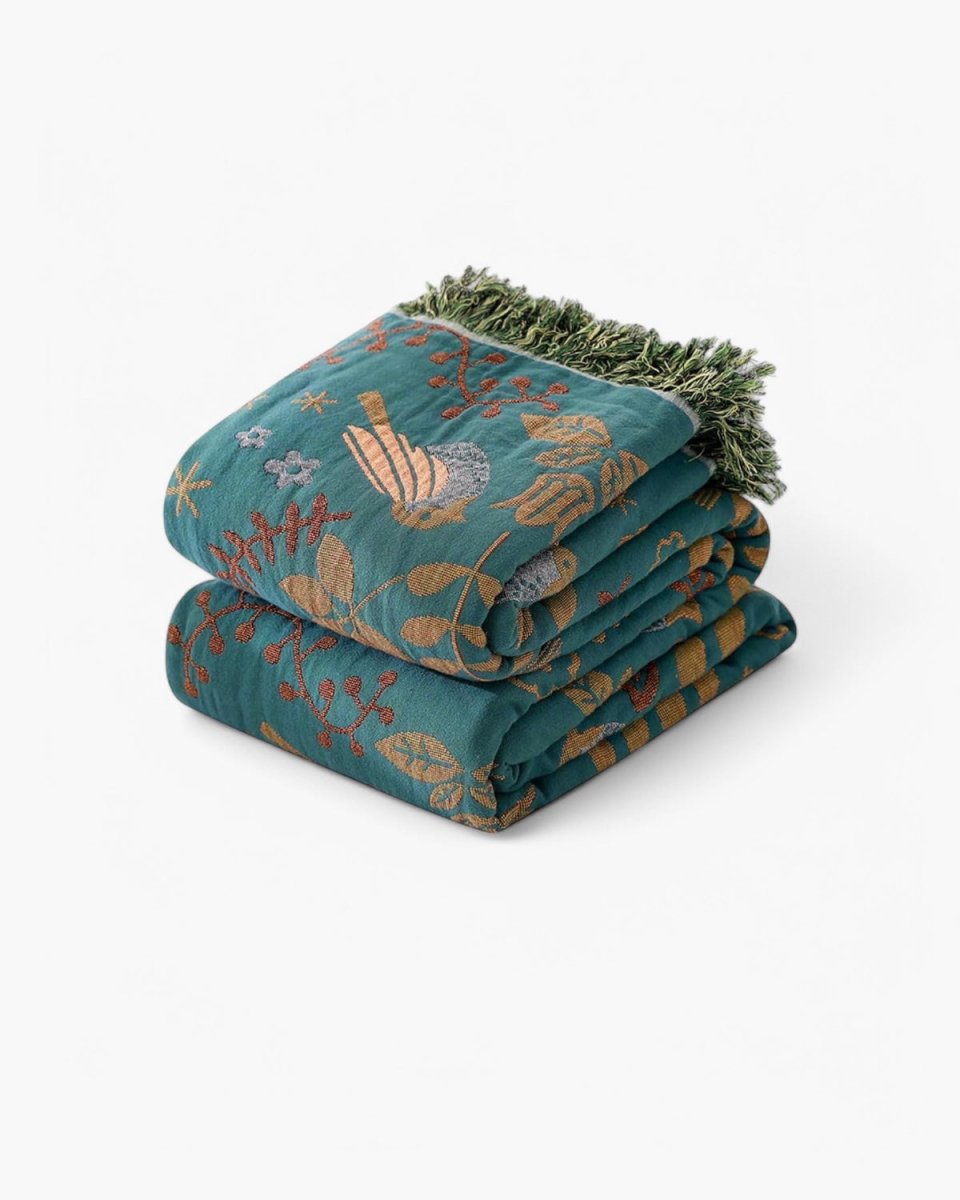 Virelle Maison - Plaid décoratif en coton gaufré à motifs floraux et oiseaux | Virelle Maison