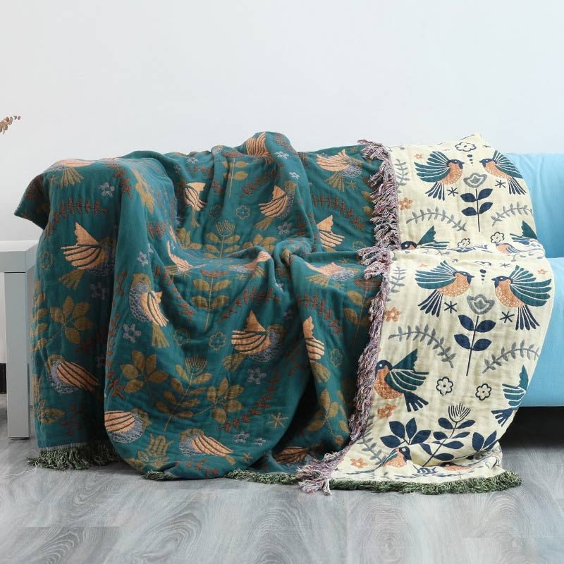 Virelle Maison - Plaid décoratif réversible en coton à motif oiseaux | Virelle Maison
