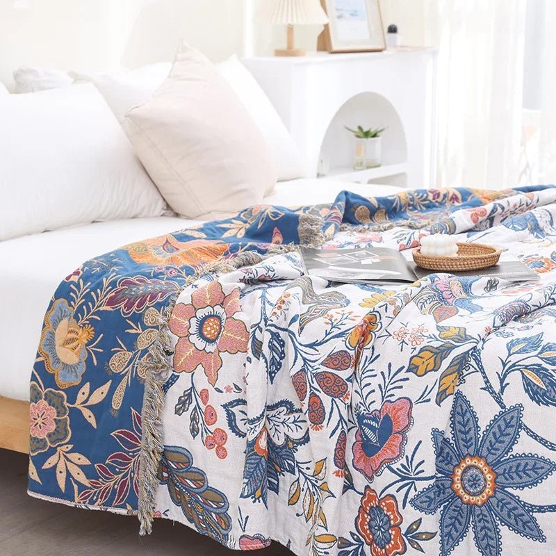 Virelle Maison - Plaid réversible en coton jacquard à motif floral tissé | Virelle Maison