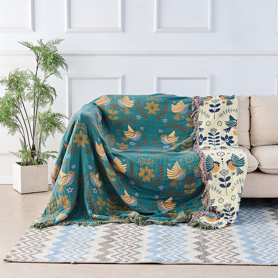Virelle Maison - Plaid réversible en coton tissé à motif oiseaux scandinaves | Virelle Maison