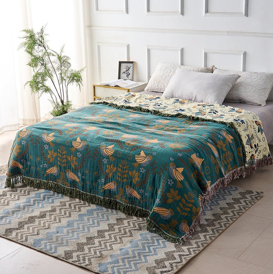 Virelle Maison - Plaid réversible en coton tissé à motif oiseaux scandinaves | Virelle Maison