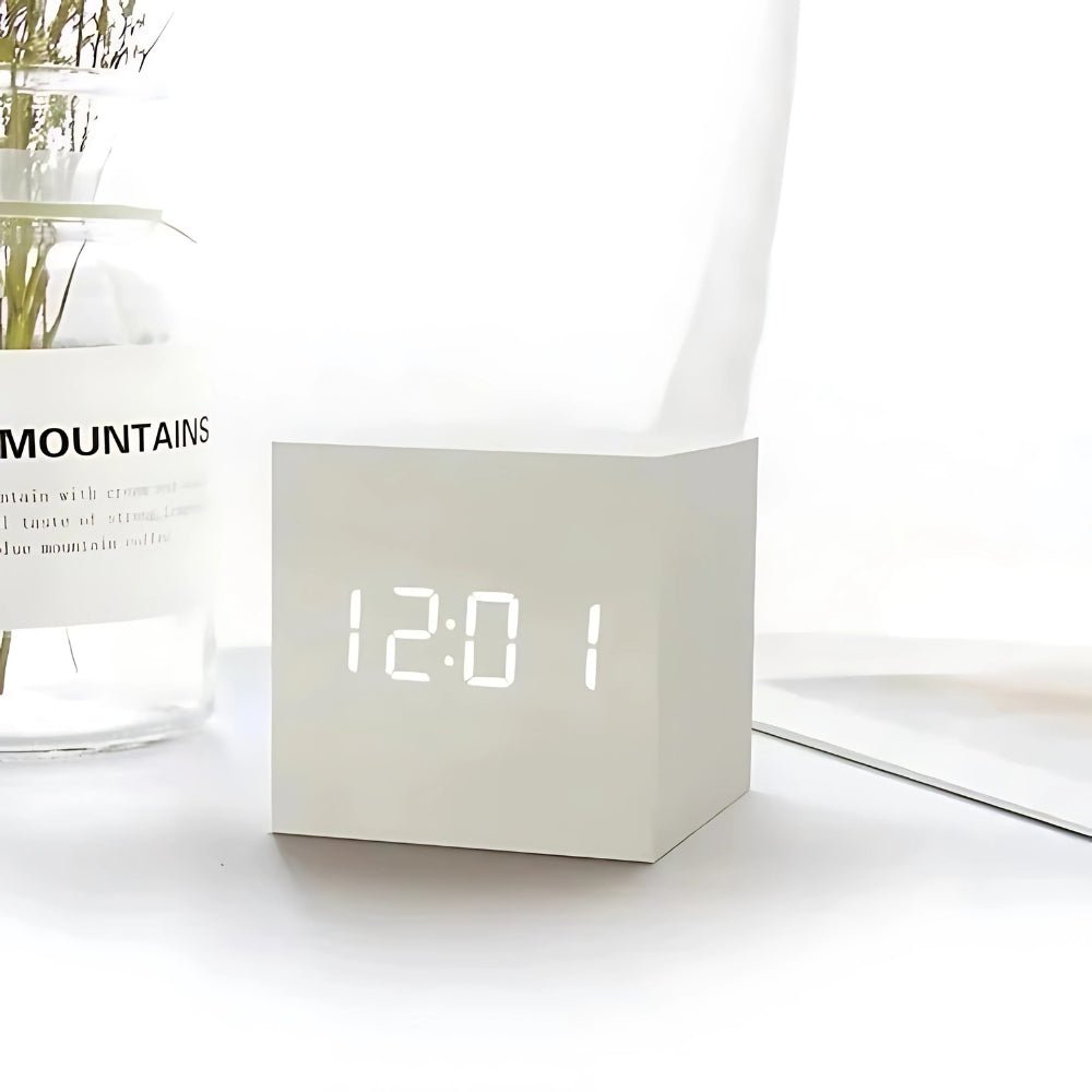Virelle Maison - Réveil cube LED effet bois affichage multifonction compact