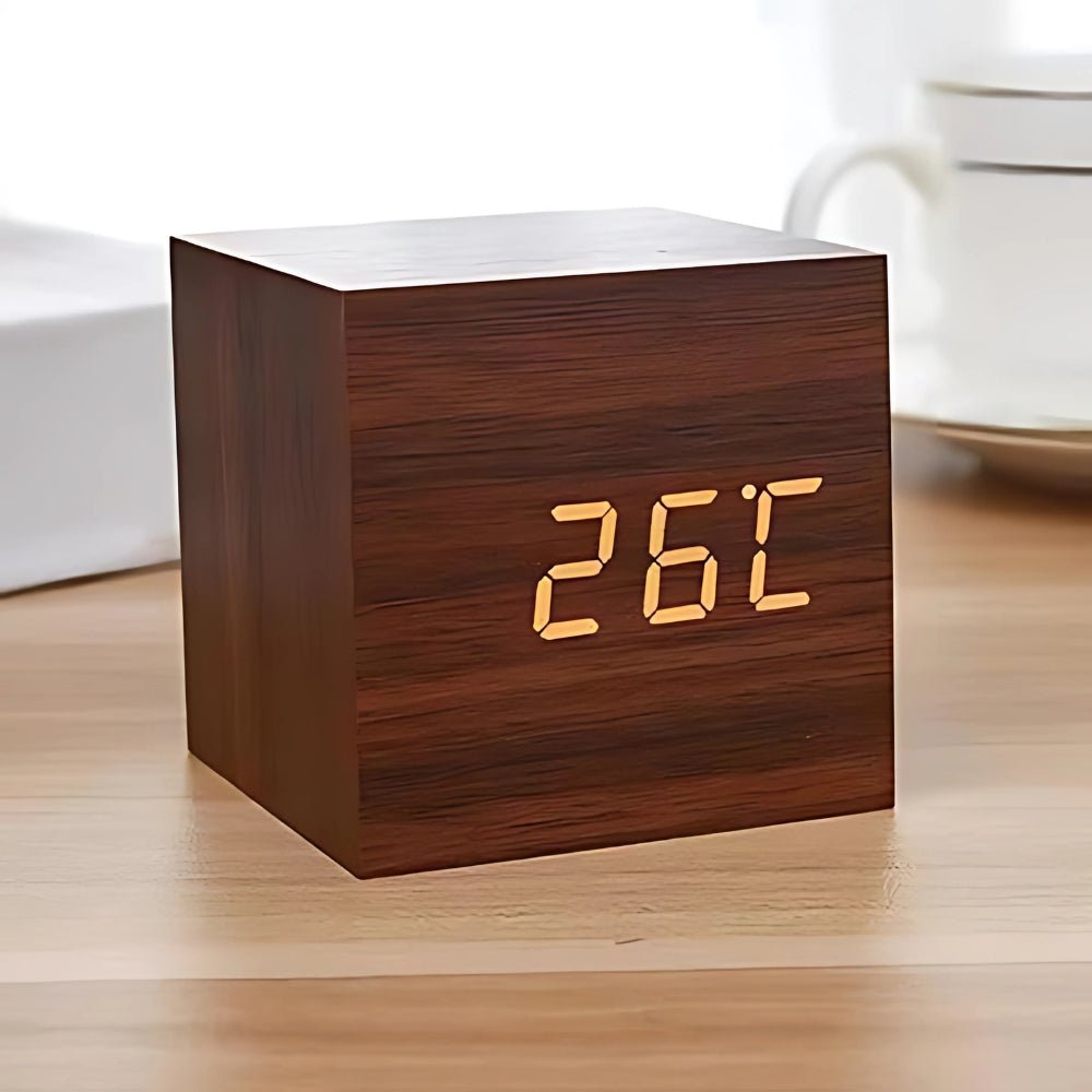 Virelle Maison - Réveil cube LED effet bois affichage multifonction compact