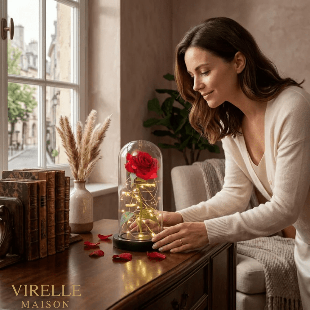Virelle Maison - Rose préservée sous cloche en verre avec éclairage LED | Virelle Maison