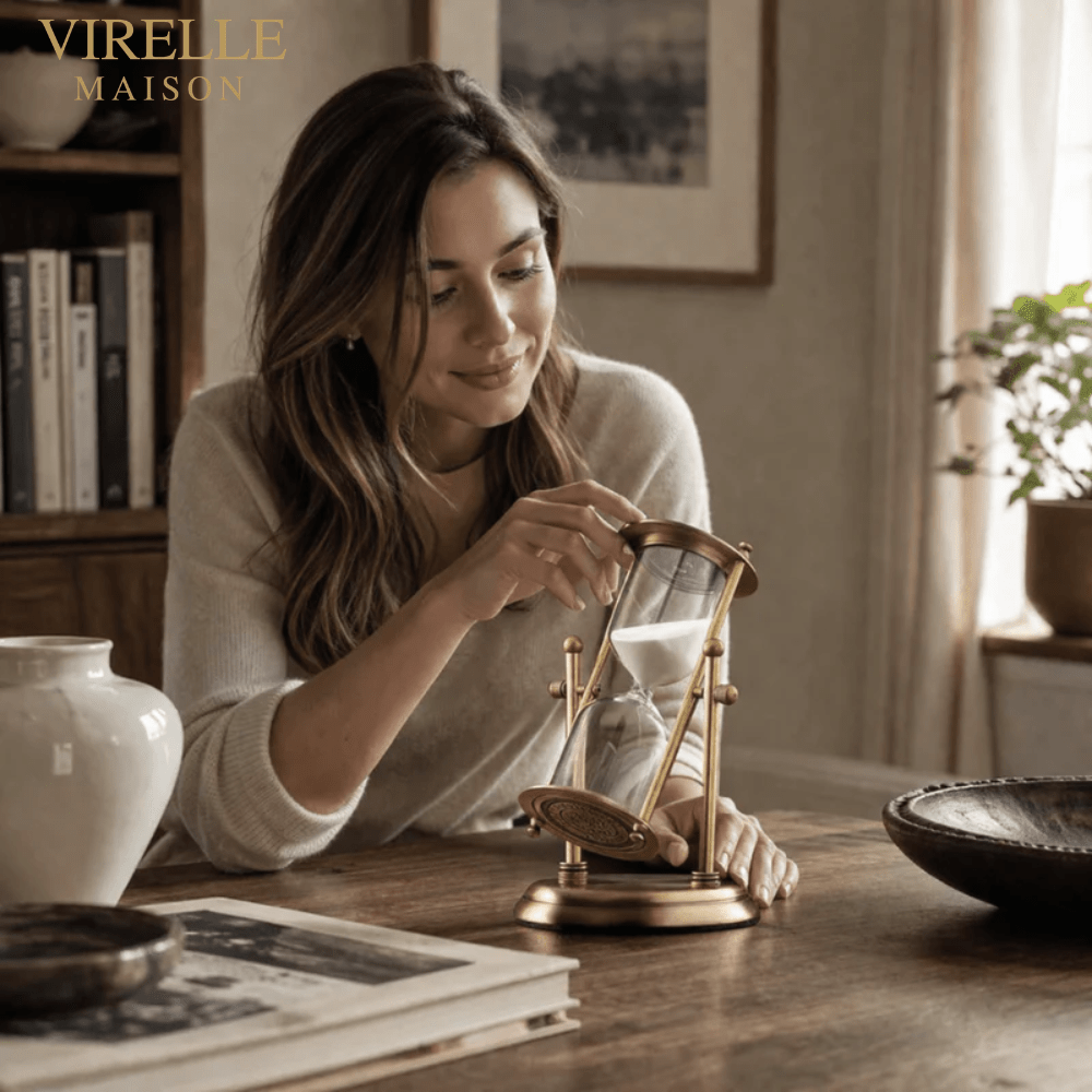 Virelle Maison - Sablier décoratif en laiton antique et sable violet | Virelle Maison