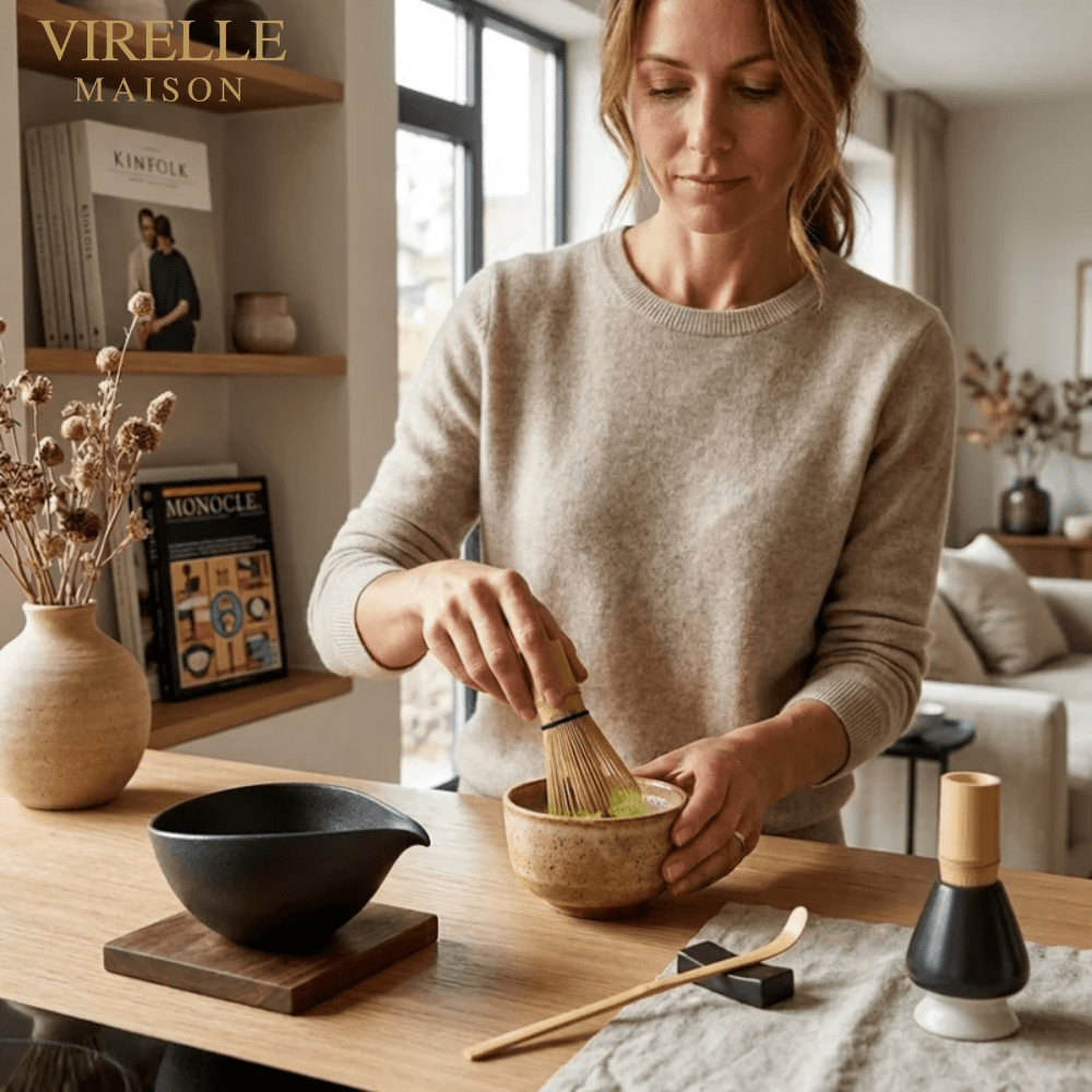 Virelle Maison - Service à matcha japonais en céramique et bambou – 4 pièces