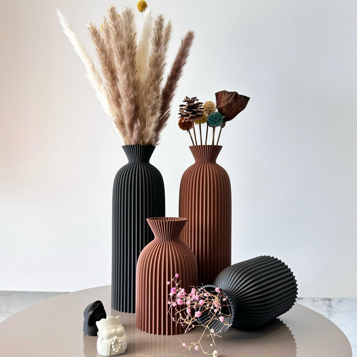 Virelle Maison - Set de 2 vases décoratifs en céramique texturée ondulée pour fleurs séchées